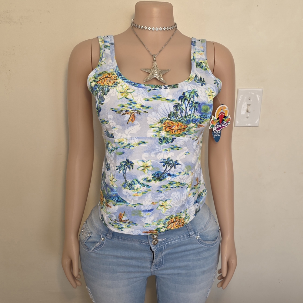 Wave Zone Tropical Print Scoop Neck Tank Top - Blue/White